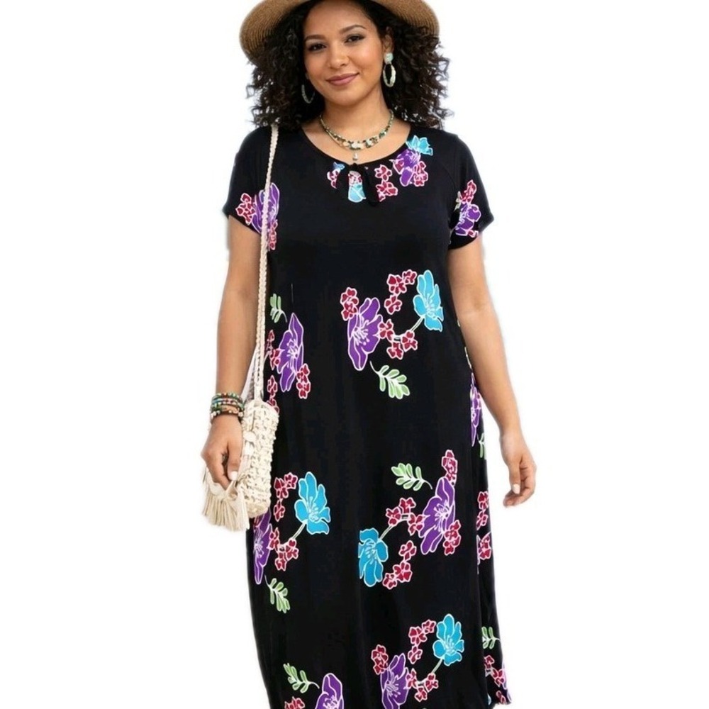 Vtg SUNON Size Large/XL Black Floral Short Sleeve Midi Shift‎ Dress Beach Island